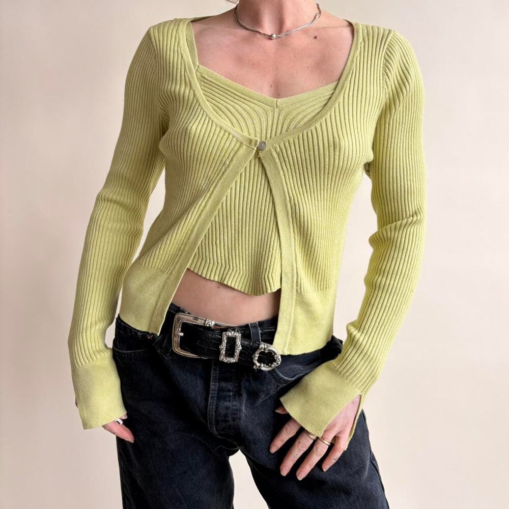 Pink Rose Green Cardigan Tank  Set - Size Medium